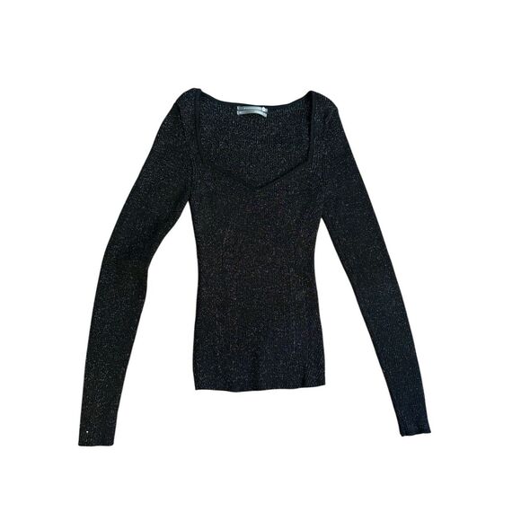 A by Anthropologie Black/Gold Metallic Lures Sweetheart Neck Ribbed Sweater Sz X - Picture 6 of 10
